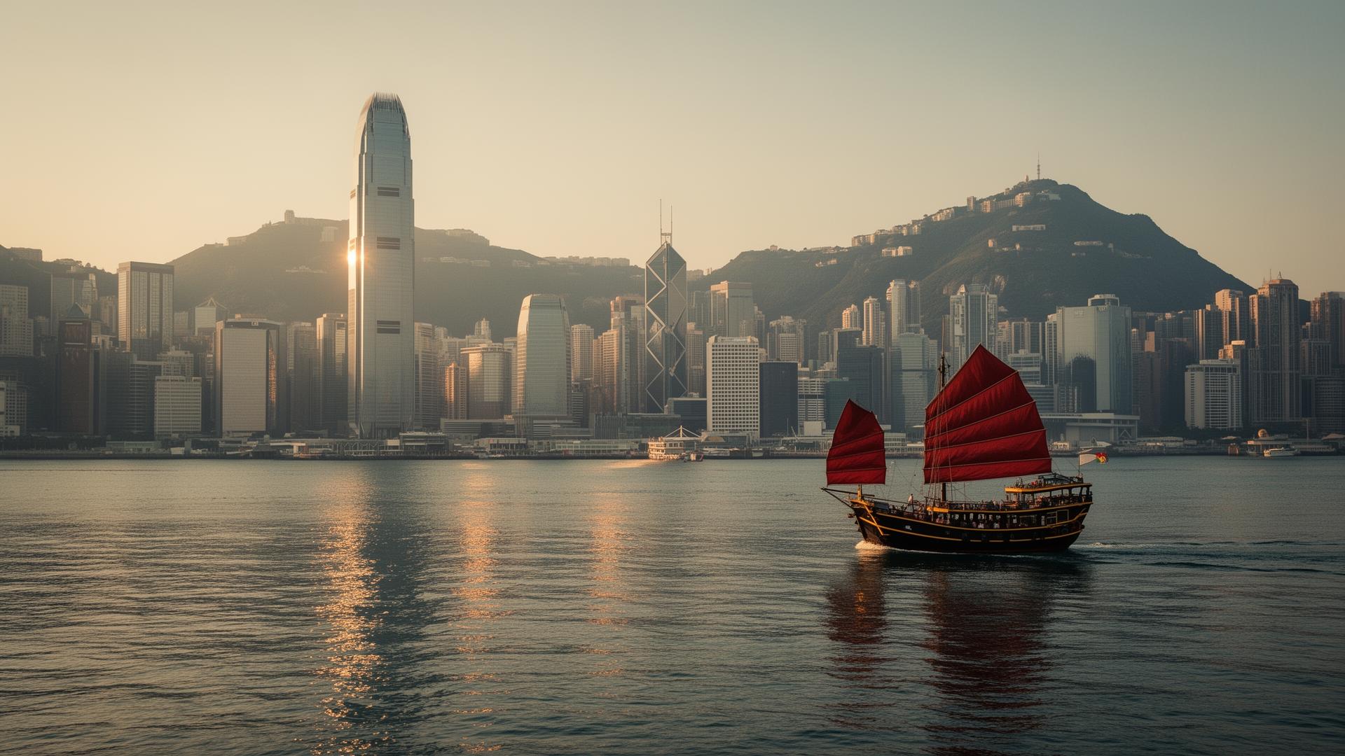 Hong Kong Victoria Harbour skyline with red-sailed junk boat at golden hour