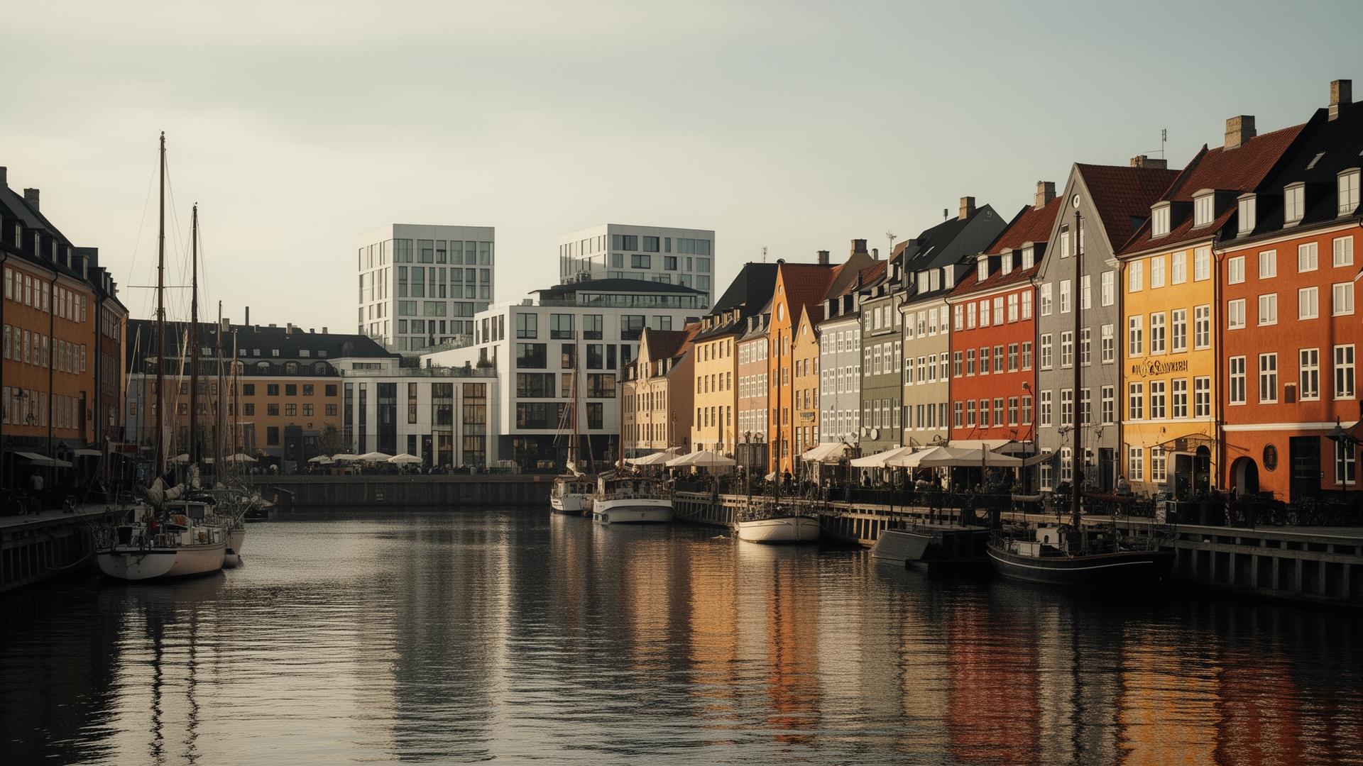 Nordic harbour — colourful waterfront townhouses and sailboats